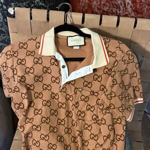 Gucci Brown GG-Print Polo with Cream Trim and Red Stripe